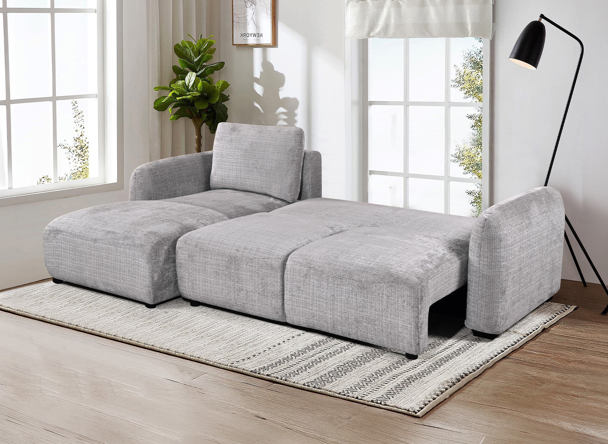 Canapé d'angle convertible avec coffre en velours chiné gris MARLA - Angle gauche