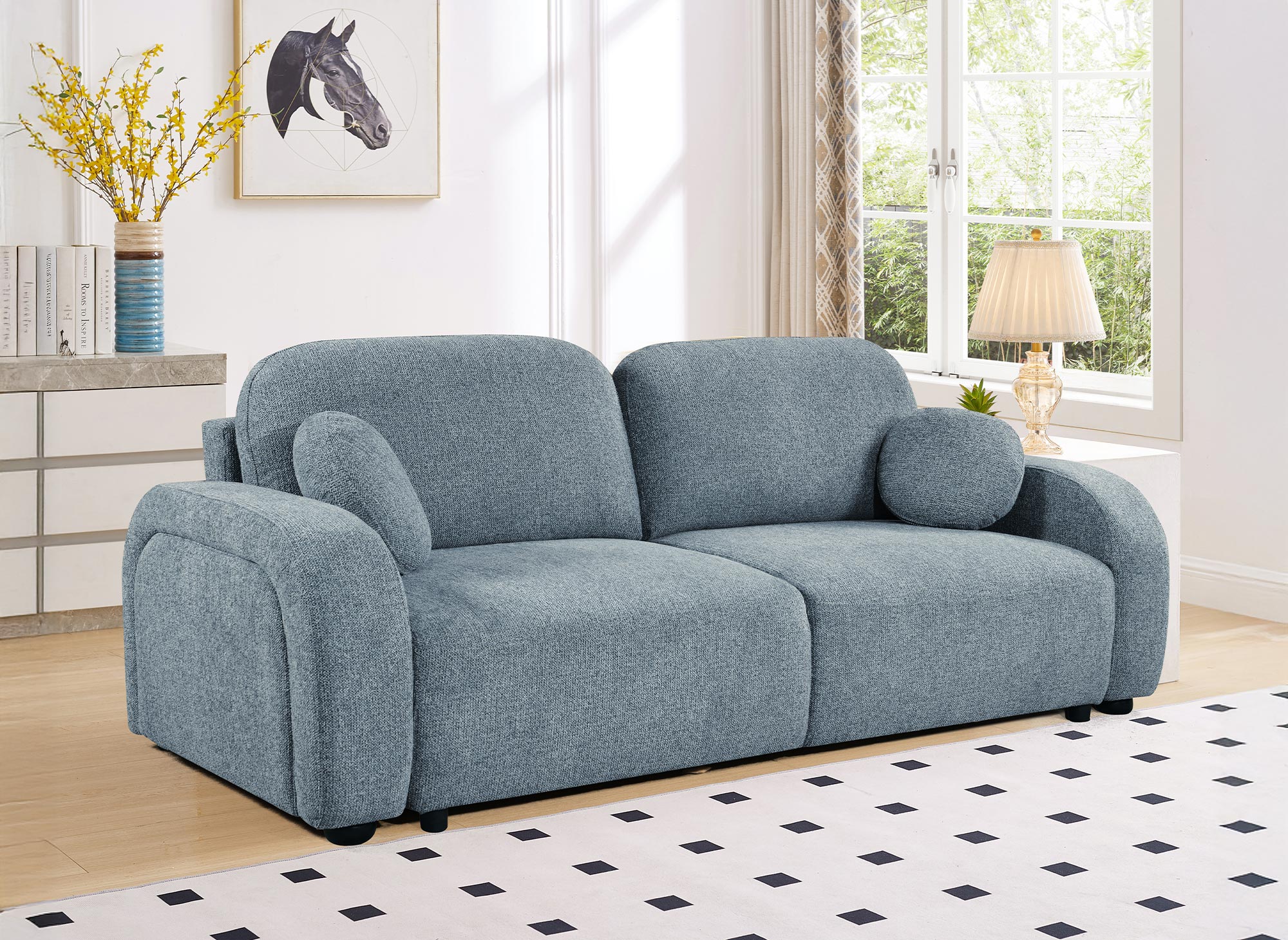 Canapé convertible 3 places en tissu bouclette bleu MAYORA