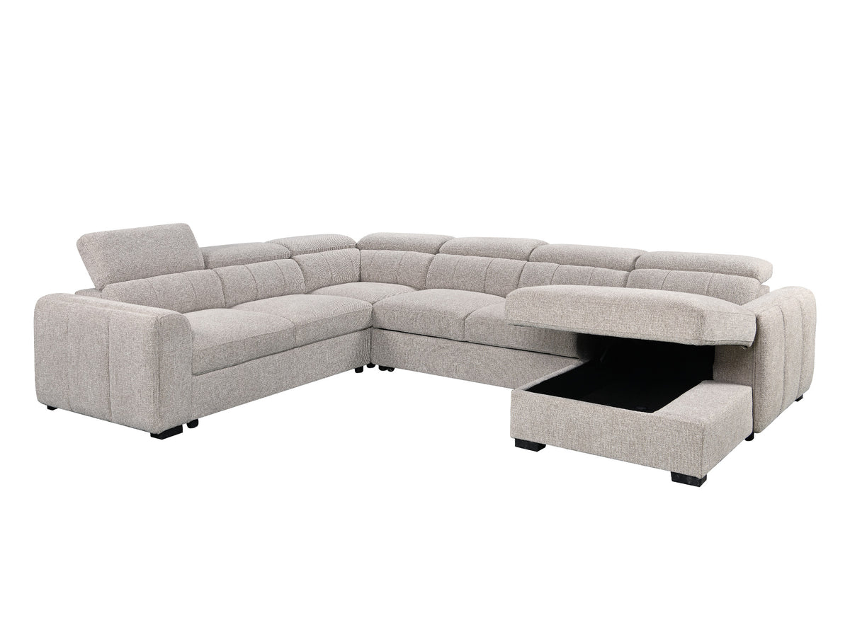 Canapé panoramique convertible avec coffre en tissu bouclette taupe NAJAH - Angle droit