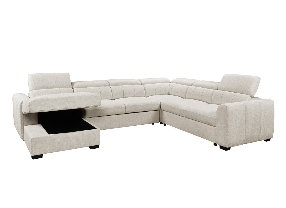 Canapé panoramique convertible avec coffre en tissu bouclette beige NAJAH - Angle gauche