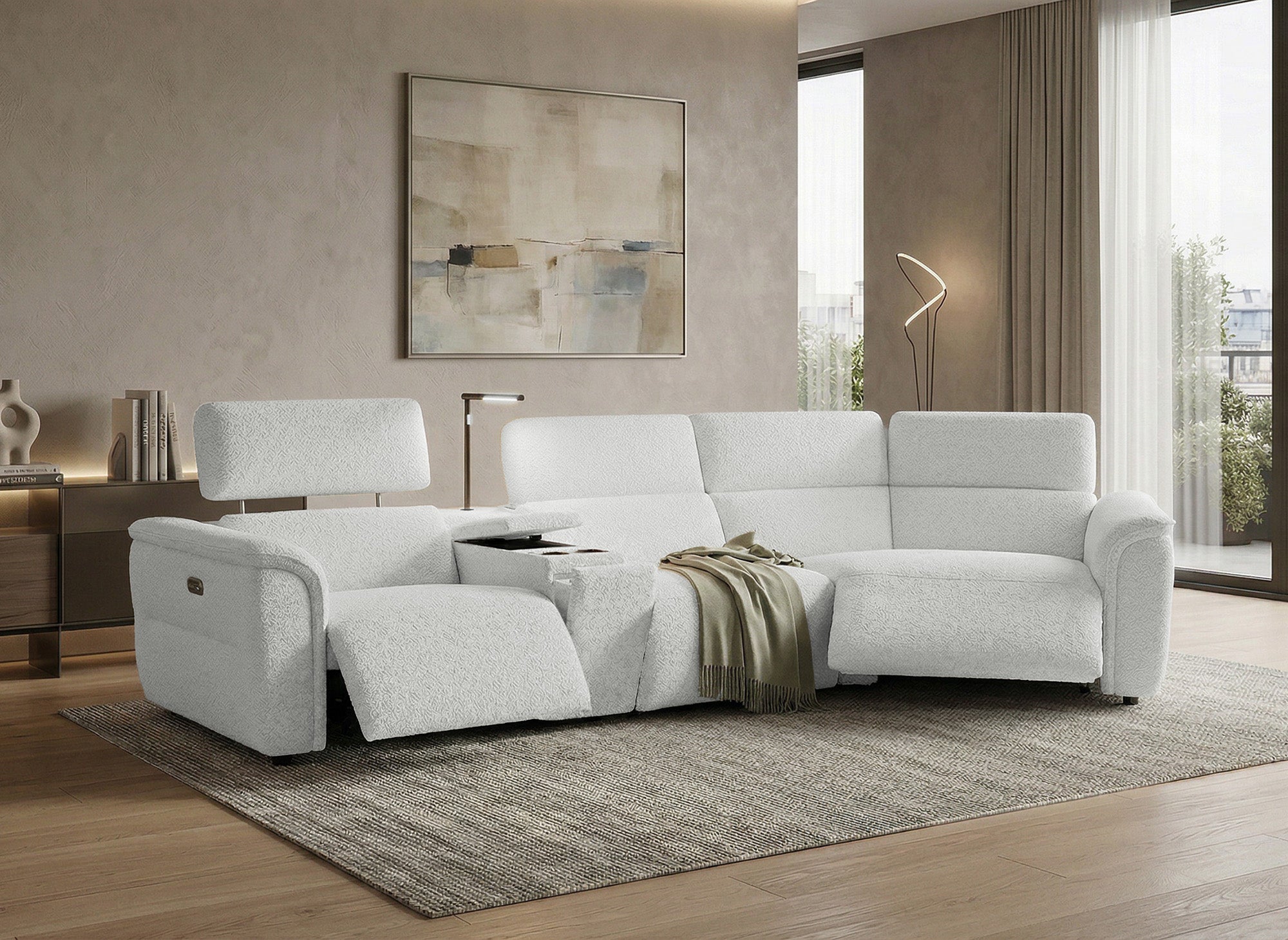 Canapé d'angle relax en tissu bouclette doux beige MARINA - Angle droit