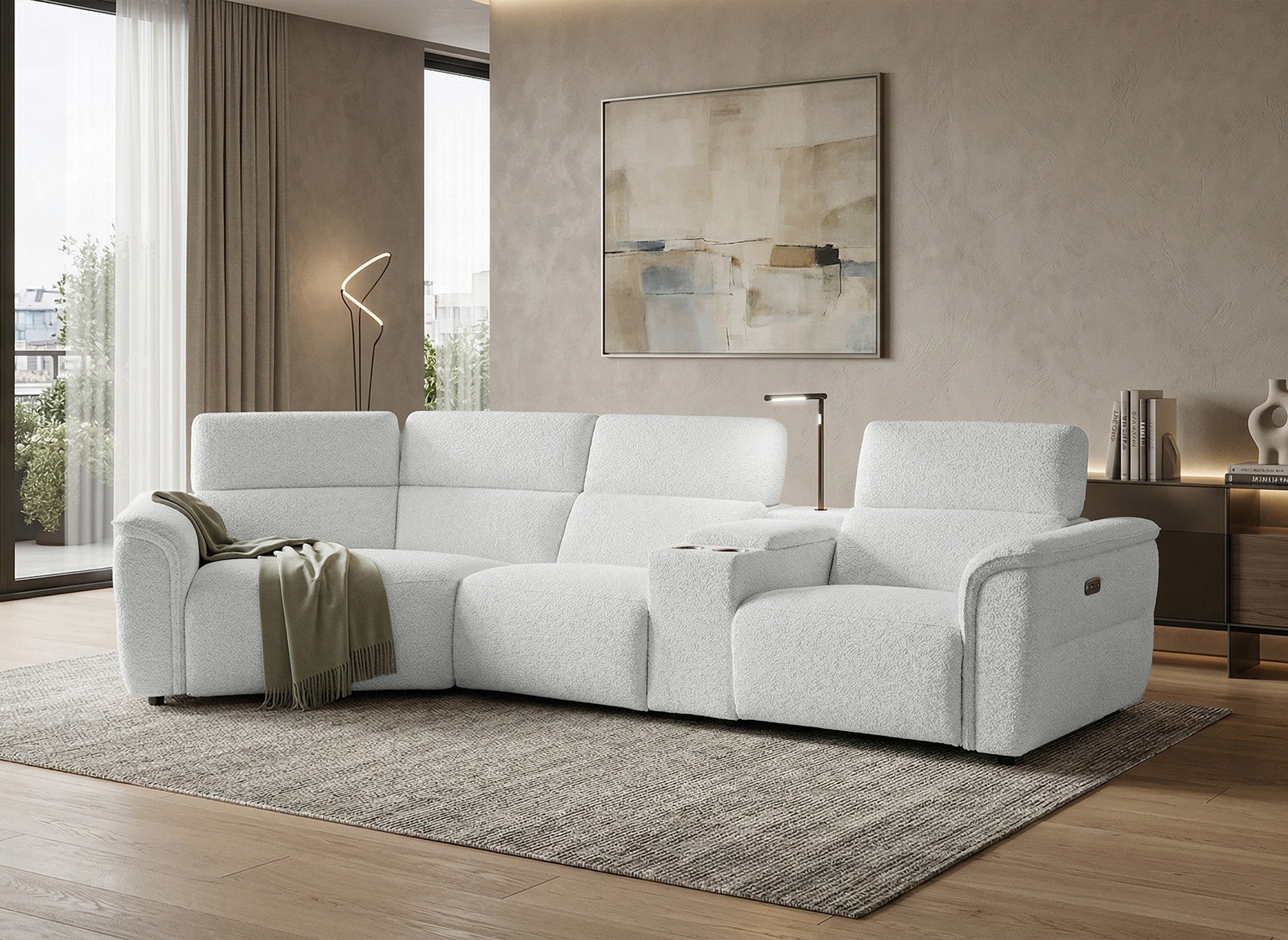 Canapé d'angle relax en tissu bouclette doux beige MARINA - Angle gauche