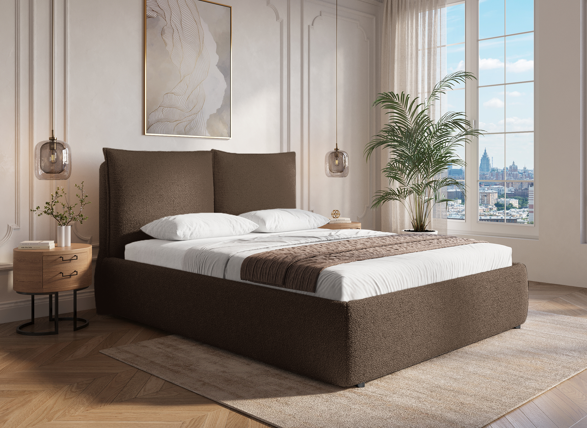 Lit coffre en tissu bouclette marron 140x190 cm MELY