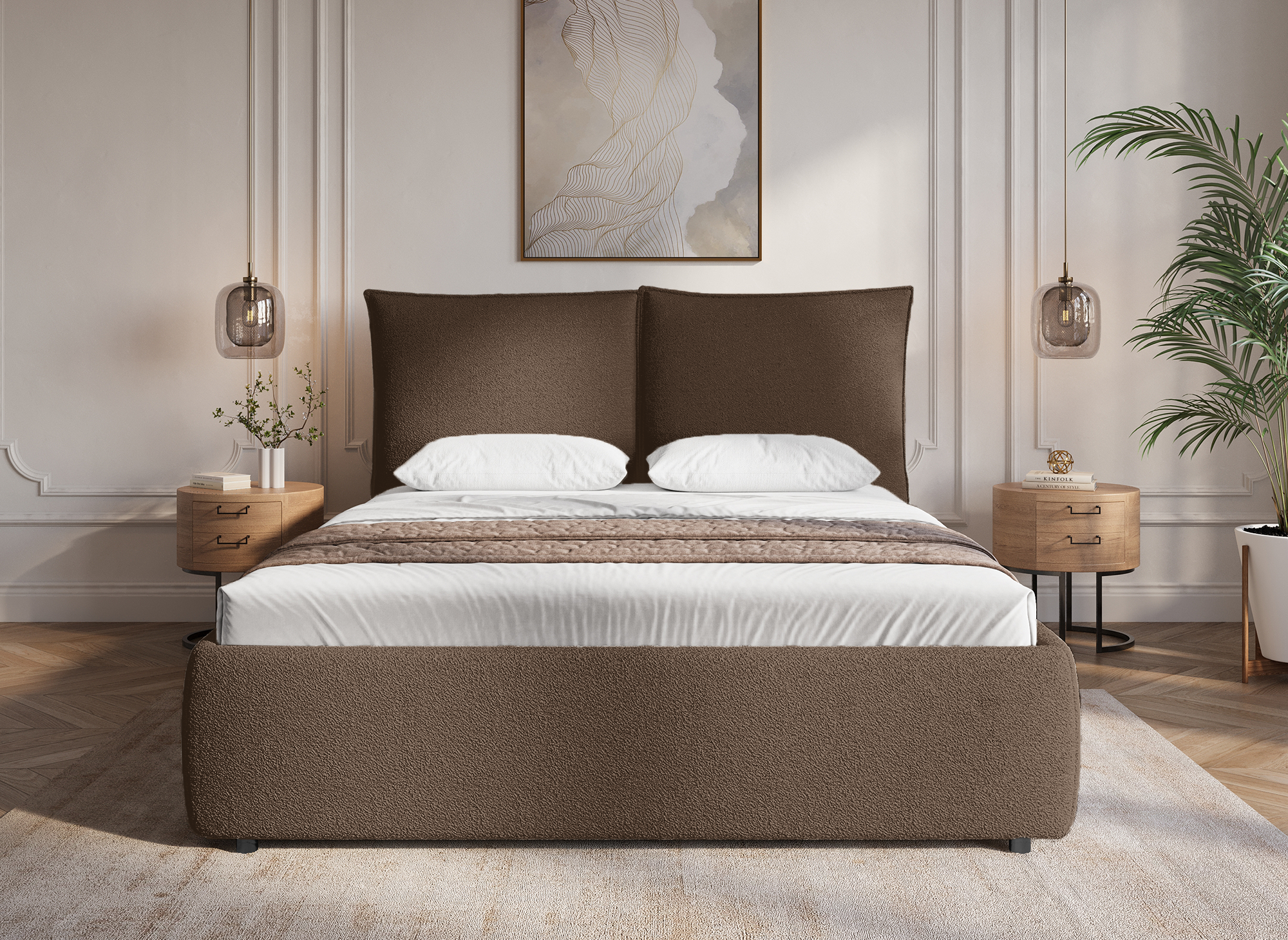 Lit coffre en tissu bouclette marron 140x190 cm MELY