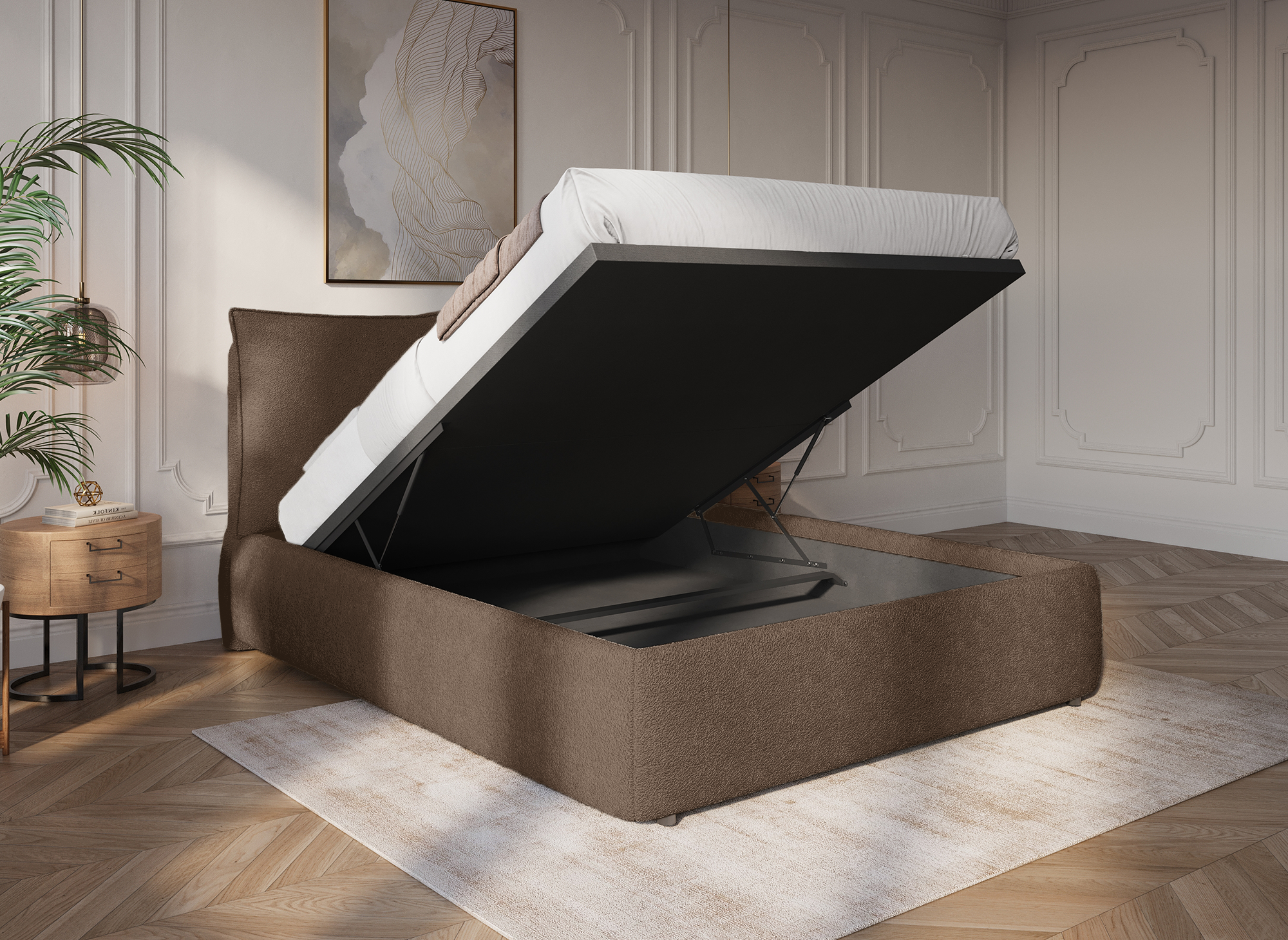 Lit coffre en tissu bouclette marron 160x200 cm MELY