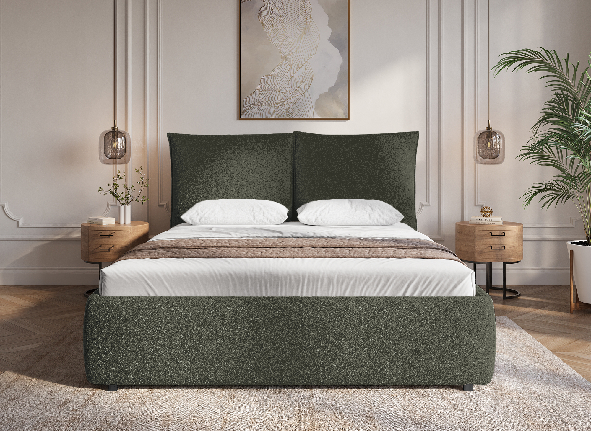 Lit coffre en tissu bouclette vert olive 140x190 cm MELY