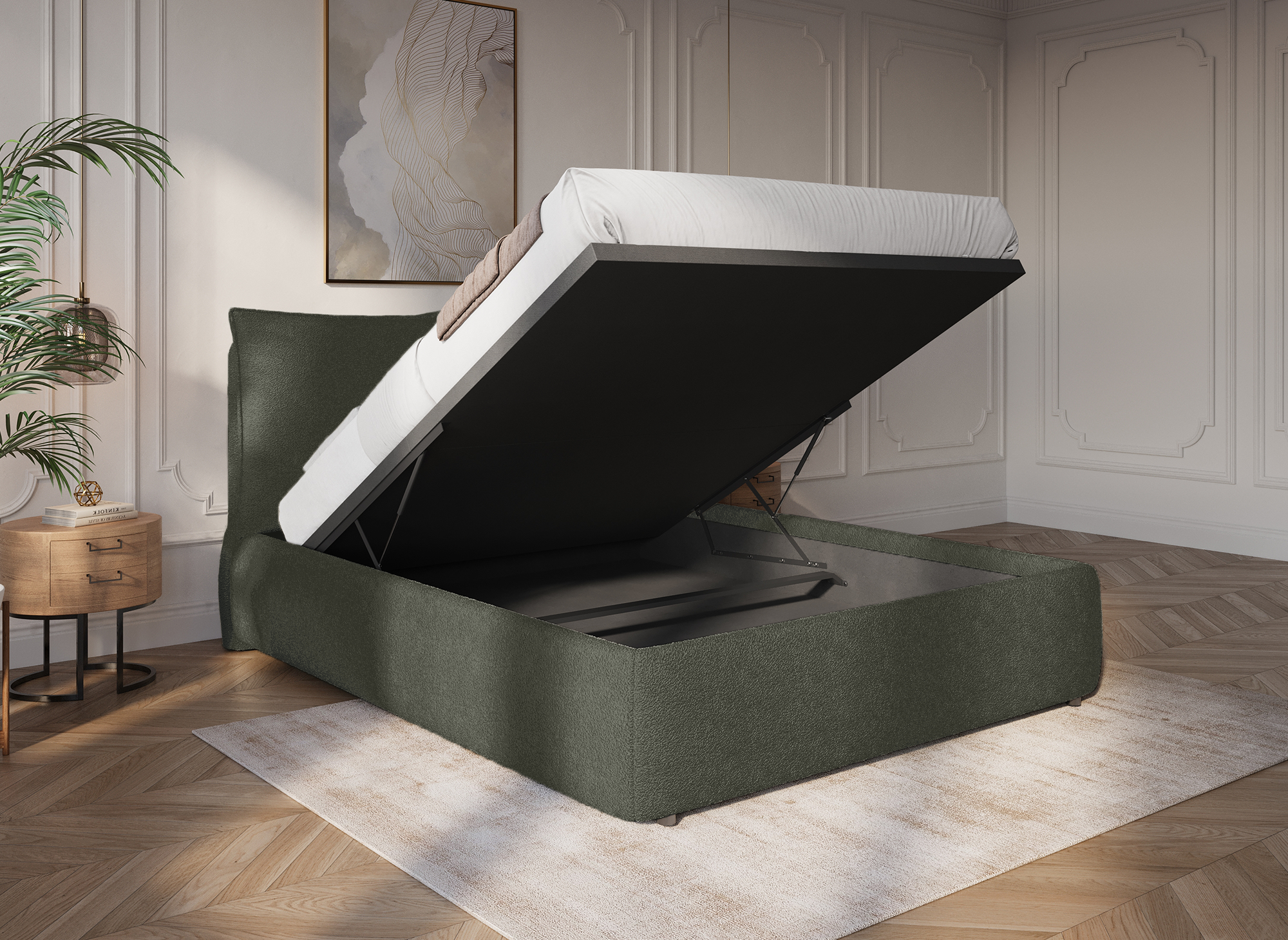 Lit coffre en tissu bouclette vert olive 140x190 cm MELY