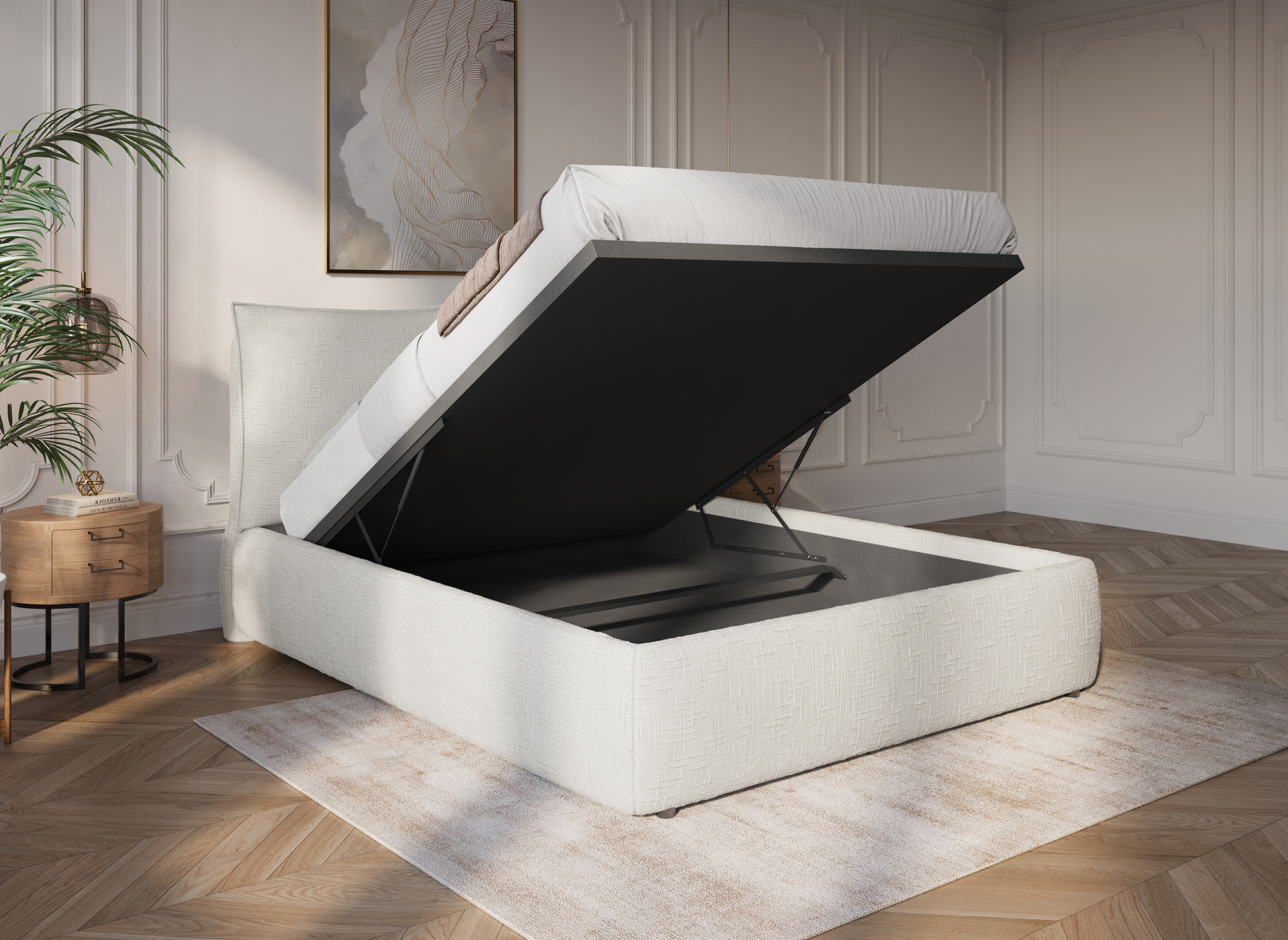Lit coffre en velours chiné beige 180x200 cm MELY