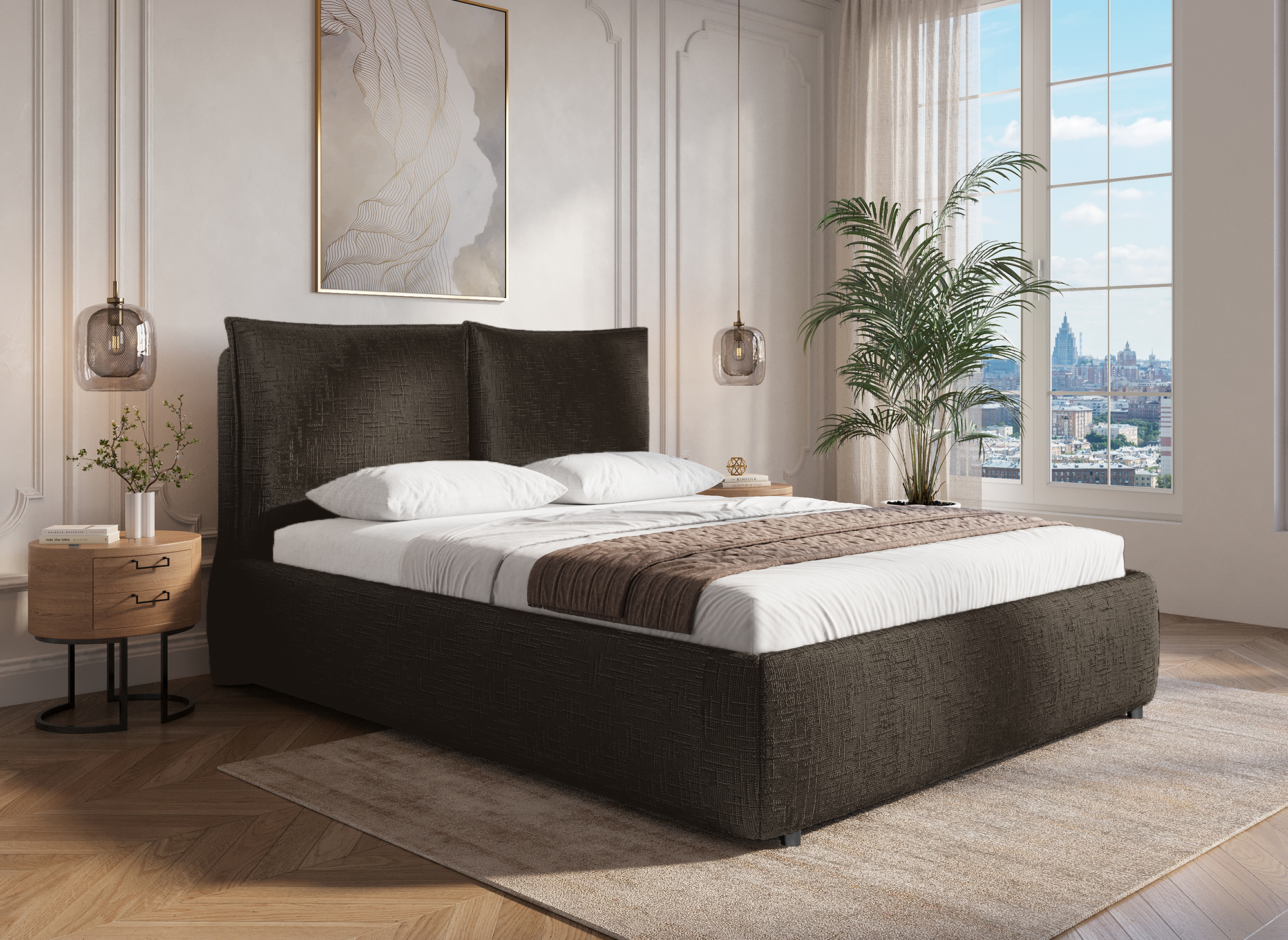 Lit coffre en velours chiné marron 180x200 cm MELY