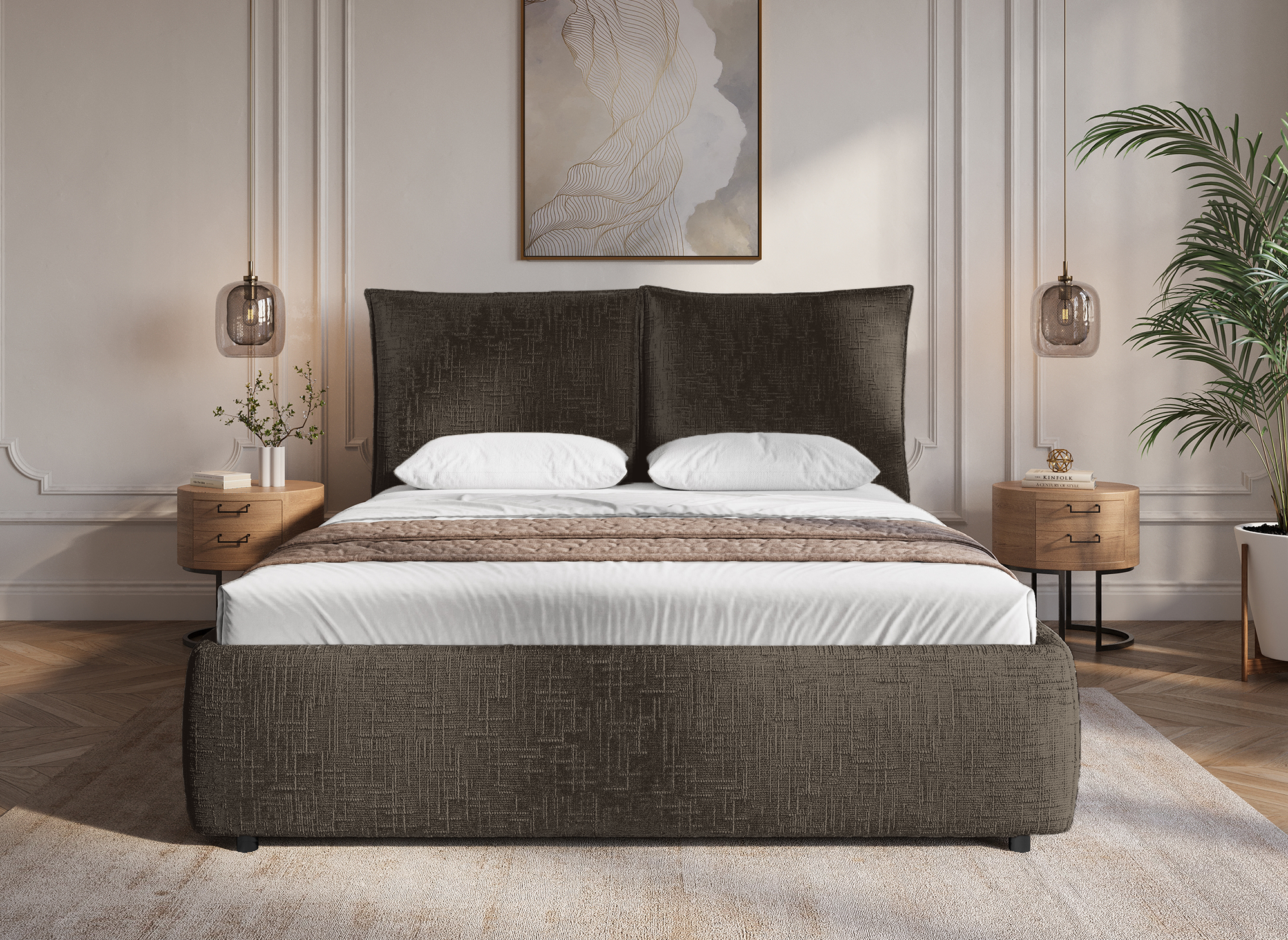 Lit coffre en velours chiné marron 160x200 cm MELY