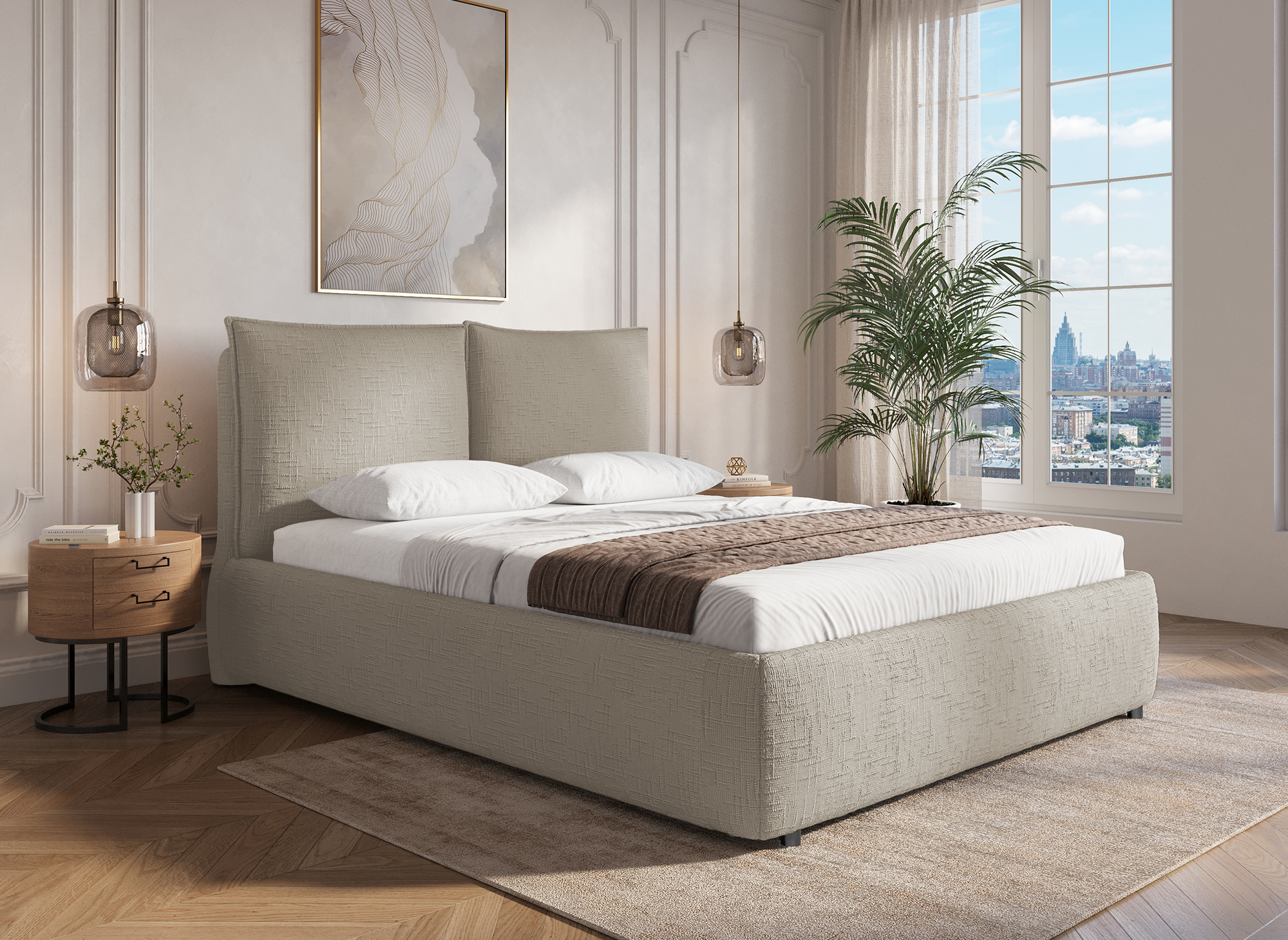 Lit coffre en velours chiné taupe 160x200 cm MELY