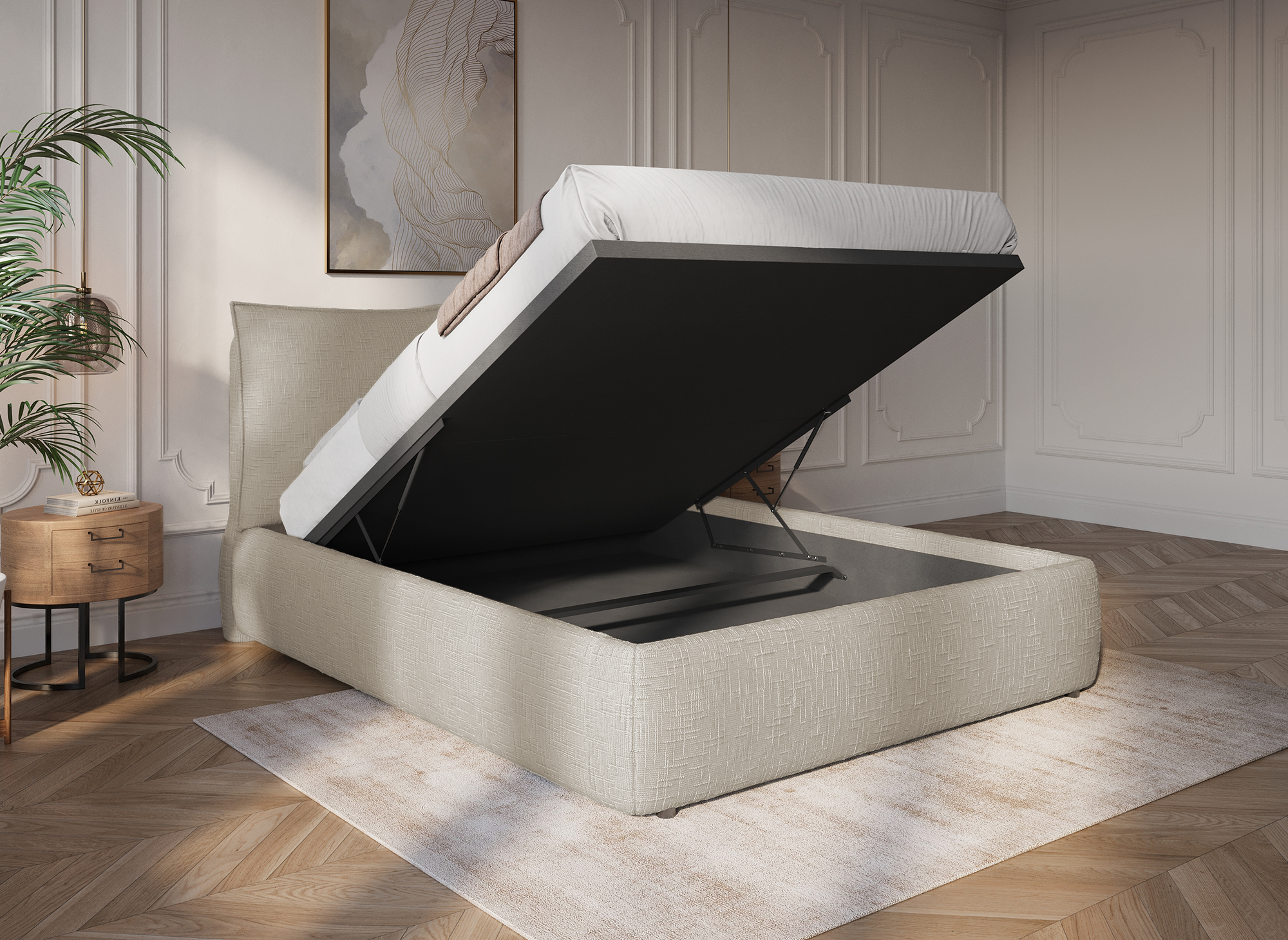 Lit coffre en velours chiné taupe 160x200 cm MELY
