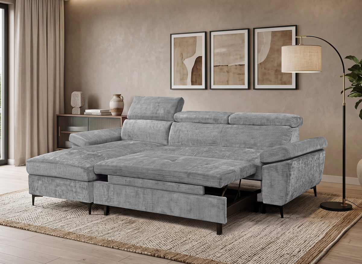 Canapé d'angle convertible en velours chiné gris foncé MONICA - Angle gauche