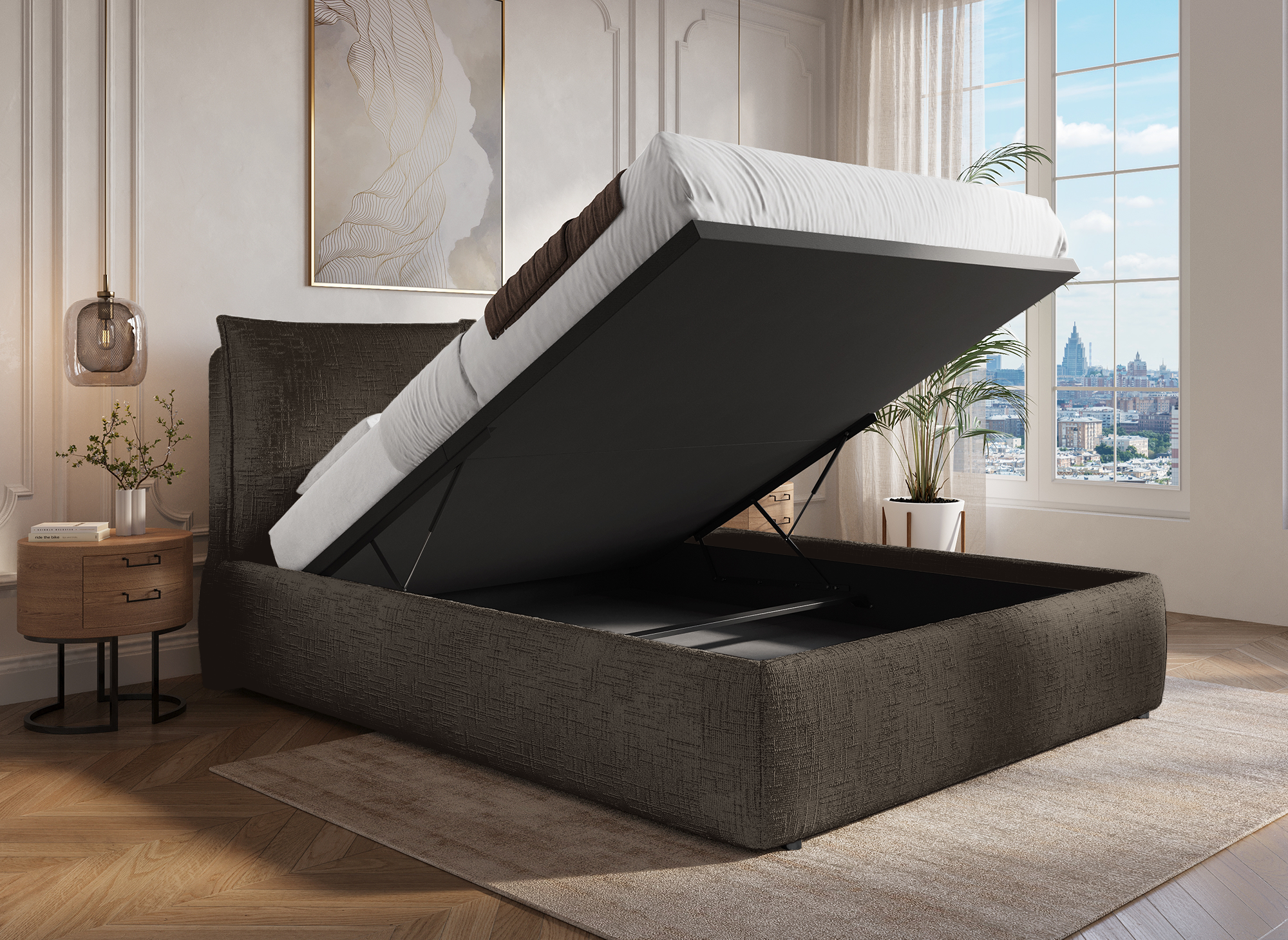 Lit coffre en velours chiné marron 140x190 cm MELY