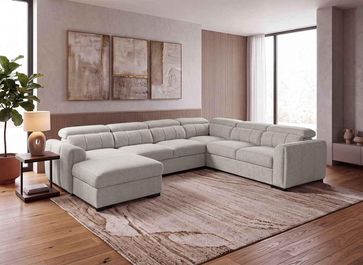 Canapé panoramique convertible avec coffre en tissu bouclette taupe NAJAH - Angle gauche
