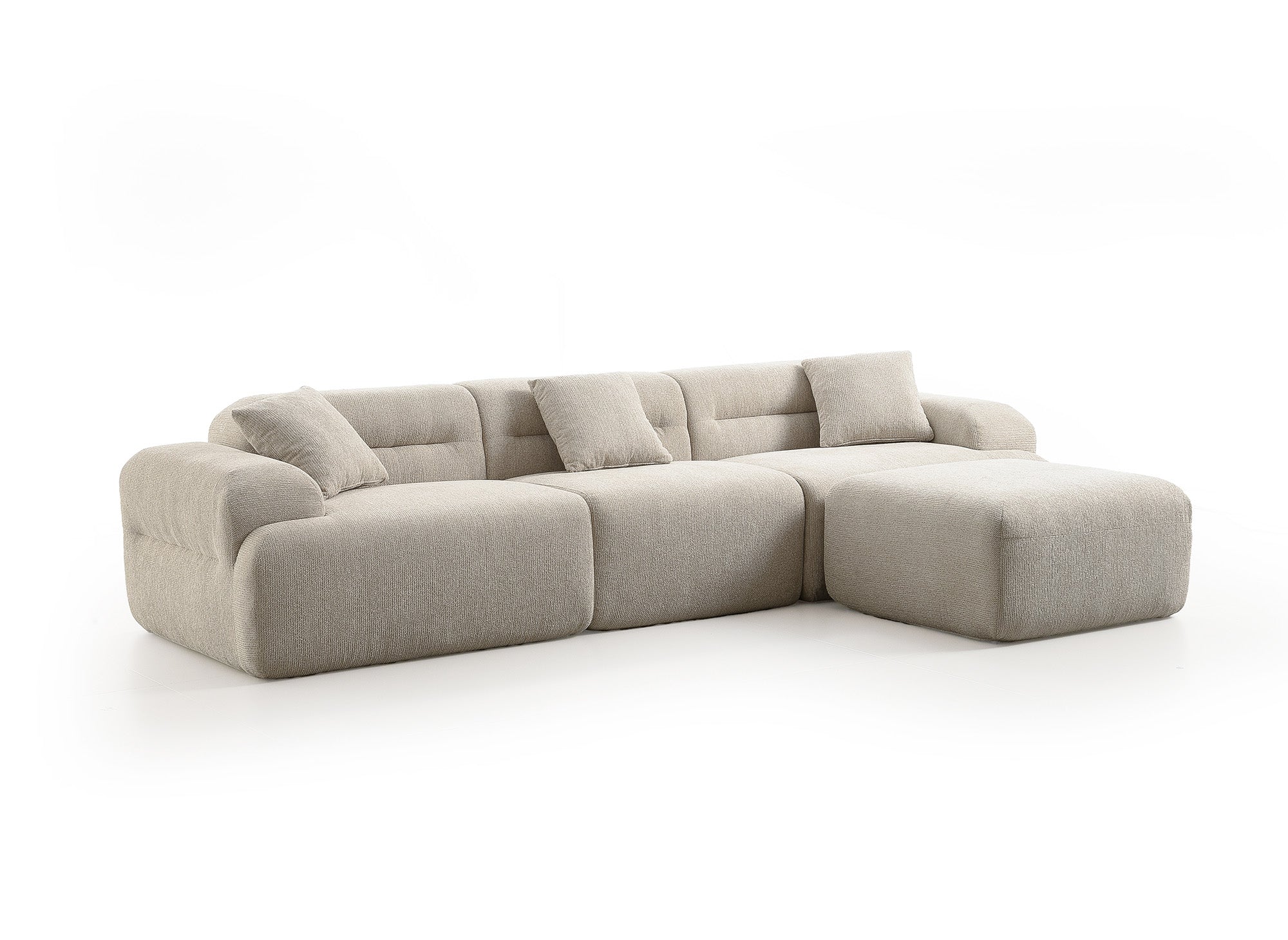 Canapé droit 3 places + pouf en tissu texturé beige SAKURA
