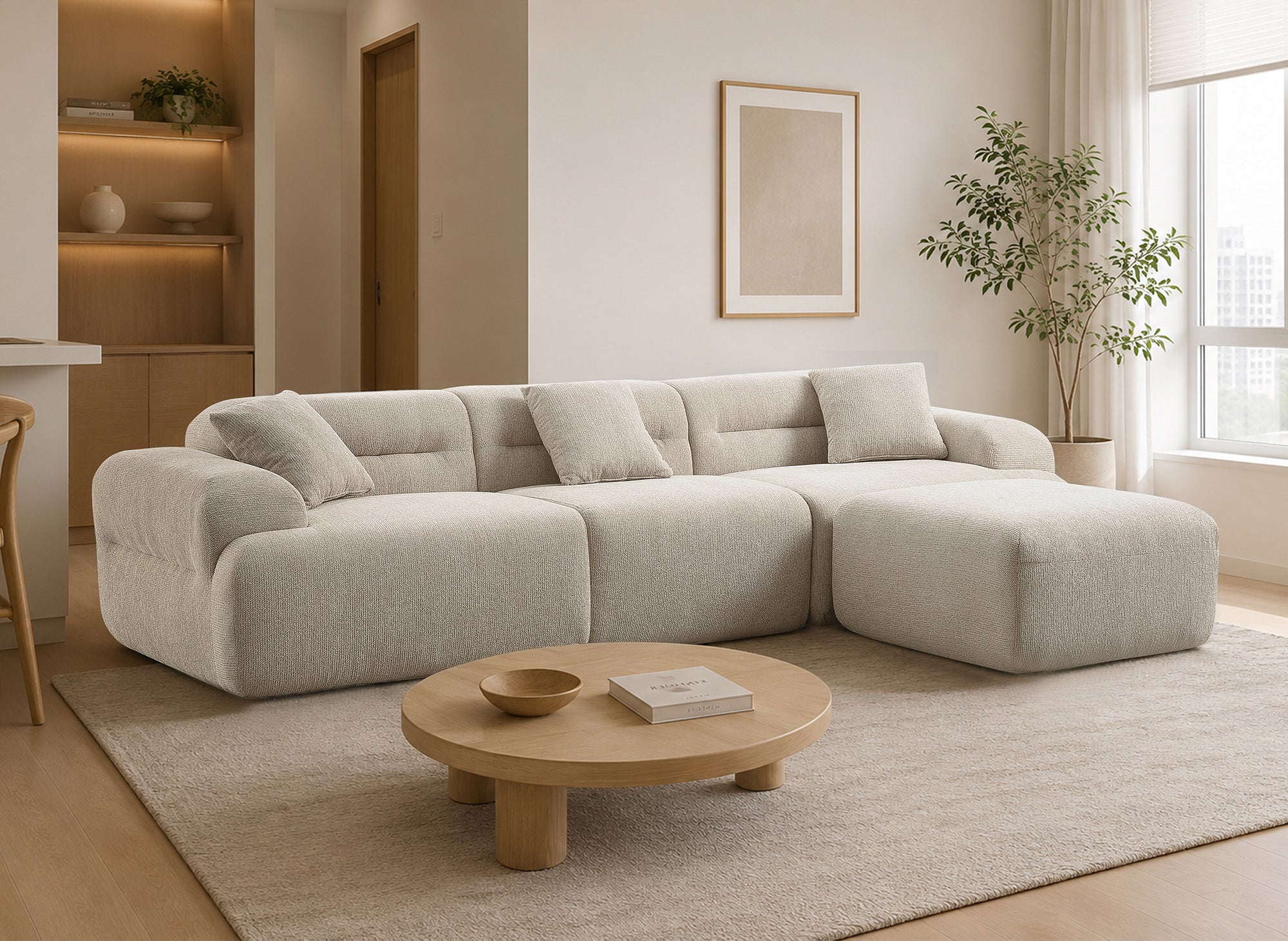 Canapé droit 3 places + pouf en tissu texturé beige SAKURA