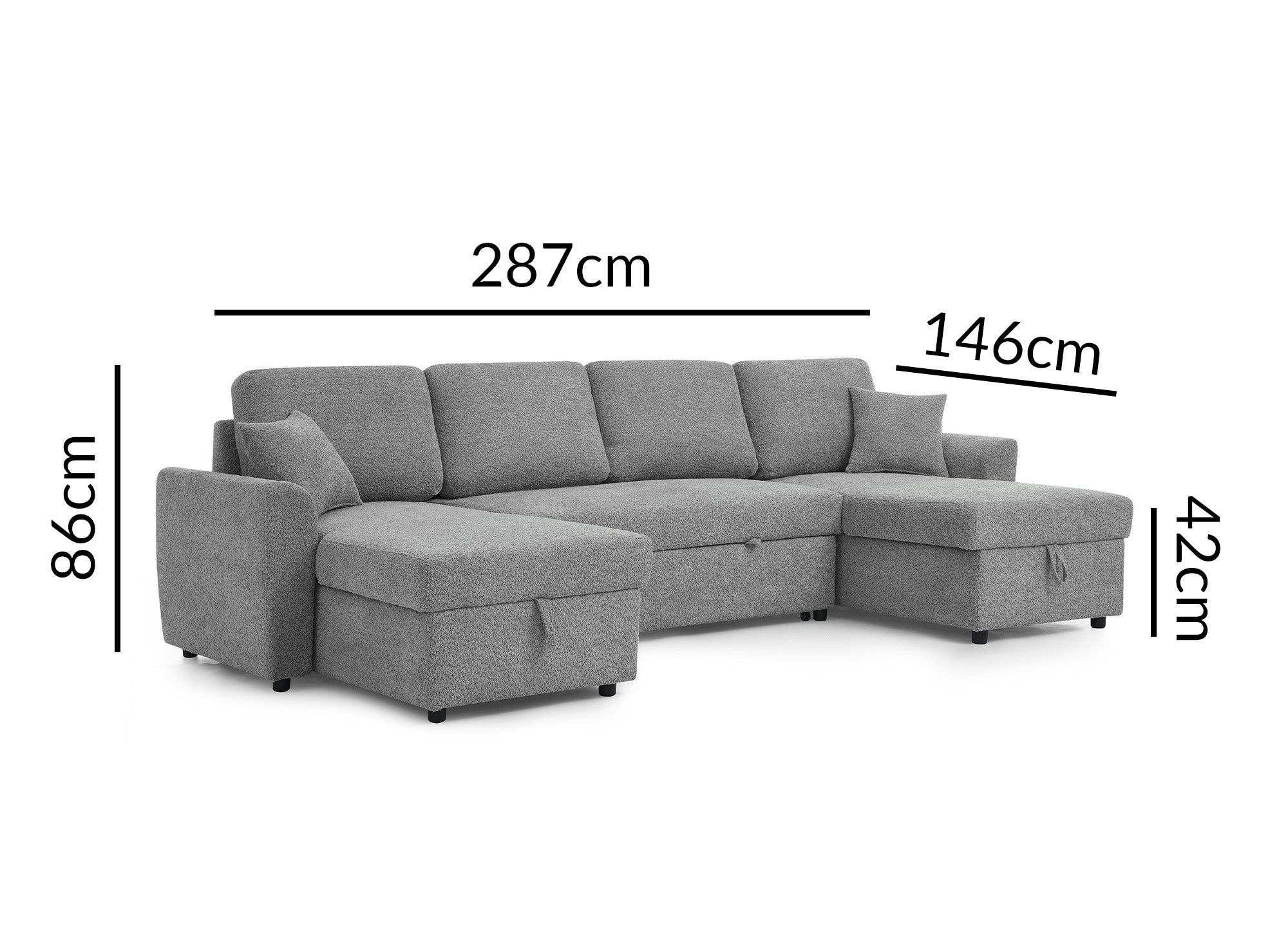 Canapé panoramique convertible 2 coffres de rangement en tissu bouclette gris ADRYEN