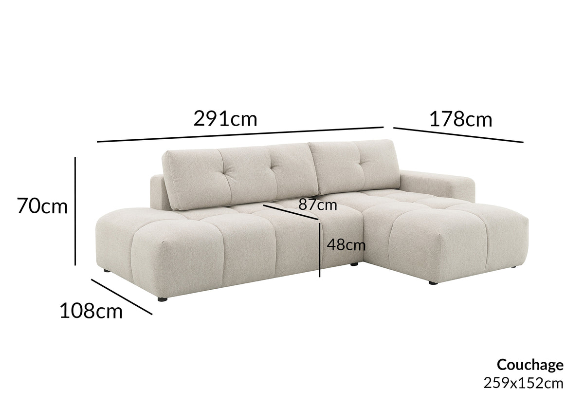 Canapé d'angle convertible avec coffre en tissu texturé beige ANGELINE - Angle droit