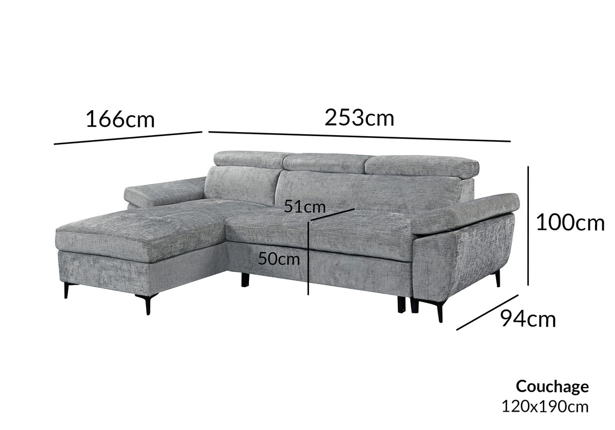 Canapé d'angle convertible en velours chiné gris foncé MONICA - Angle gauche