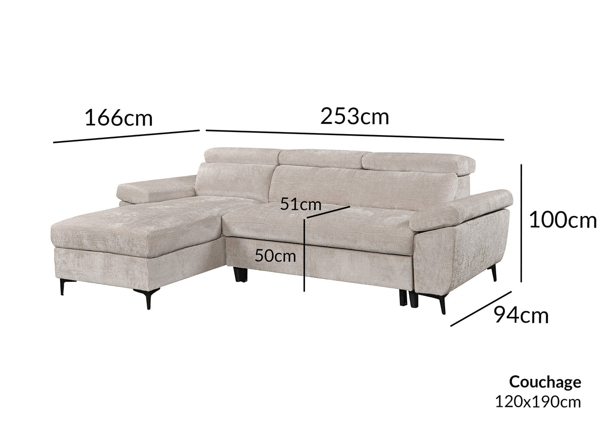 Canapé d'angle convertible en velours chiné beige MONICA - Angle gauche