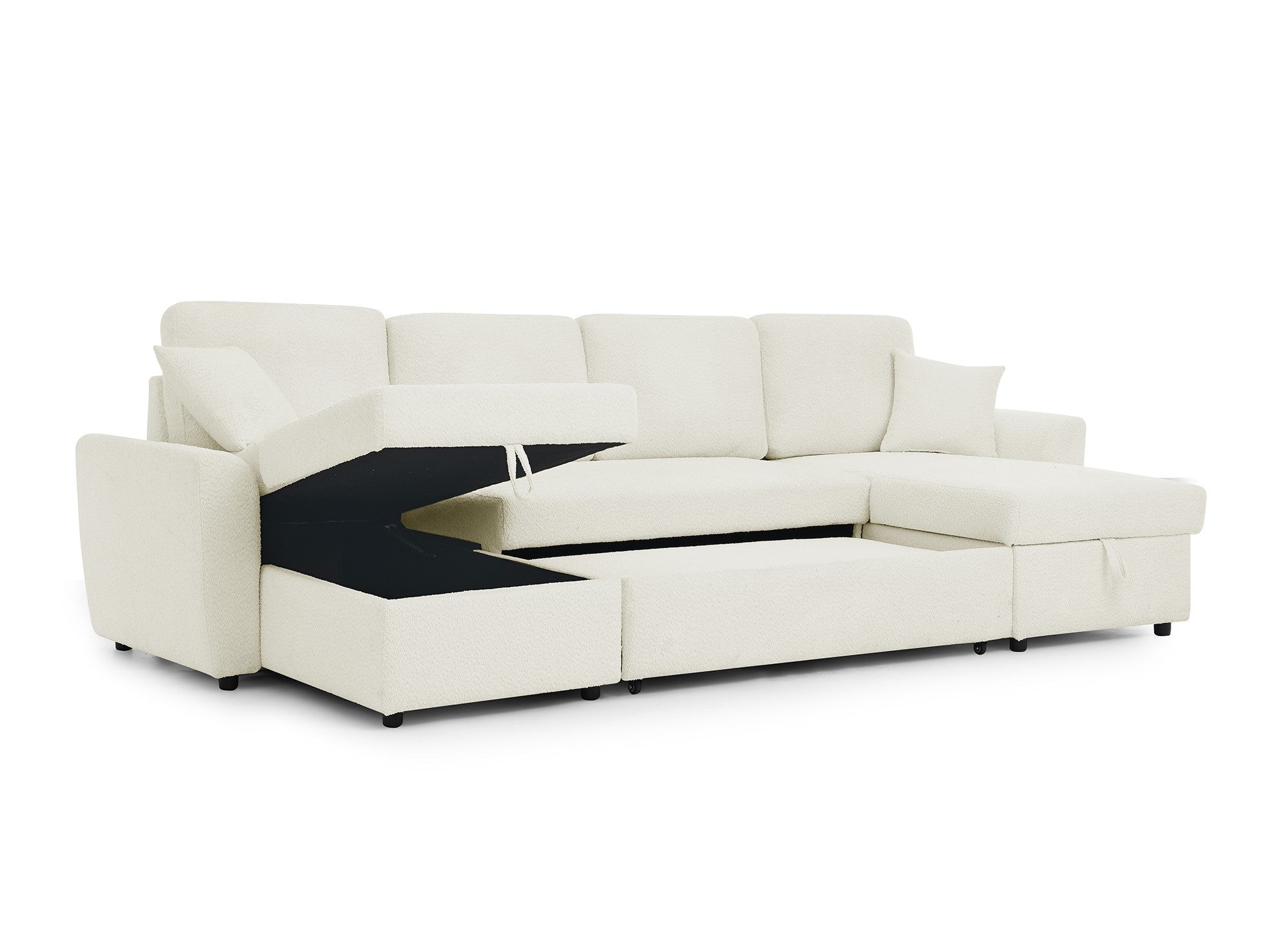 Canapé panoramique convertible 2 coffres de rangement en tissu bouclette beige ADRYEN