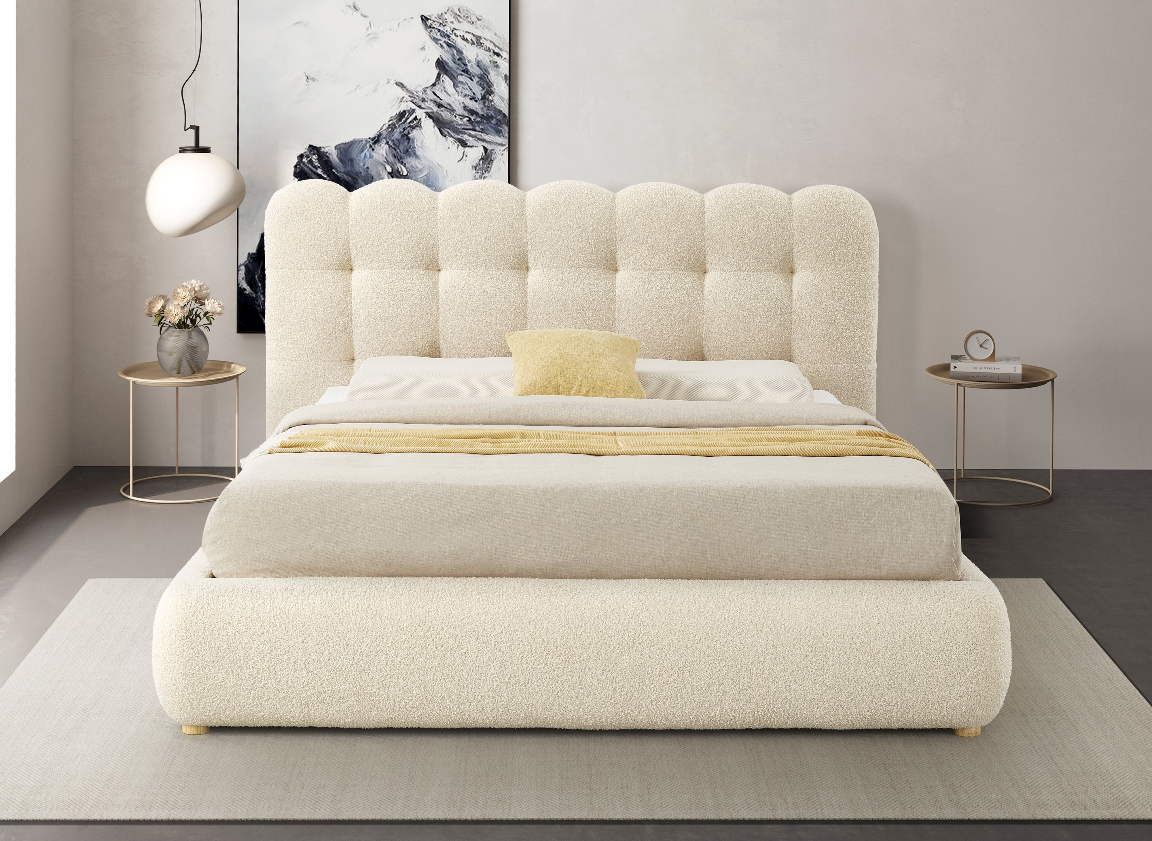 Lit coffre en tissu bouclette beige 140x190 cm BISCUIT
