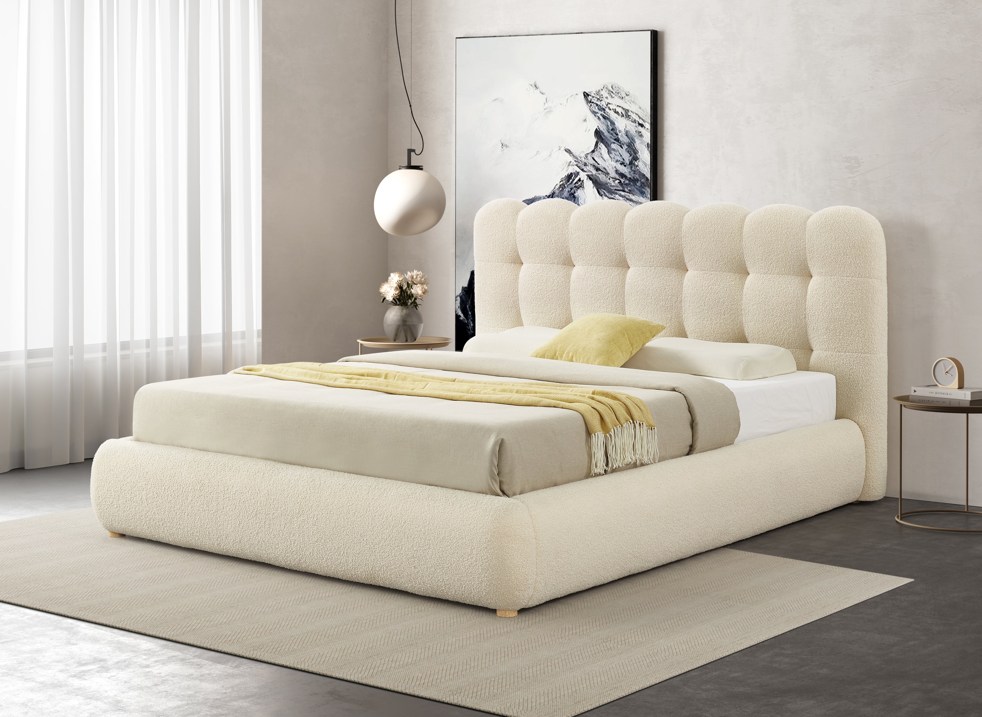 Lit coffre en tissu bouclette beige 160x200 cm BISCUIT