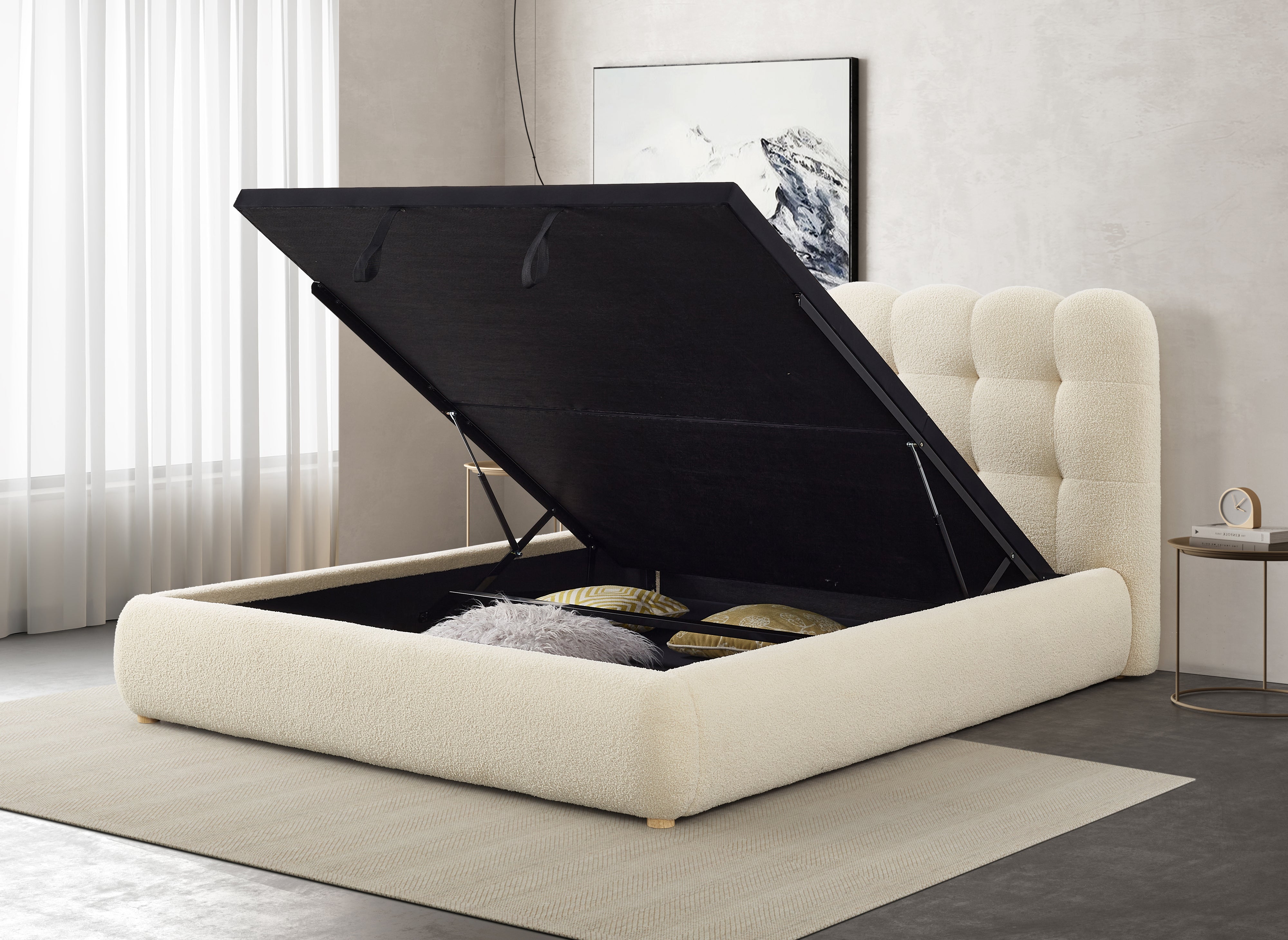 Lit coffre en tissu bouclette beige 140x190 cm BISCUIT
