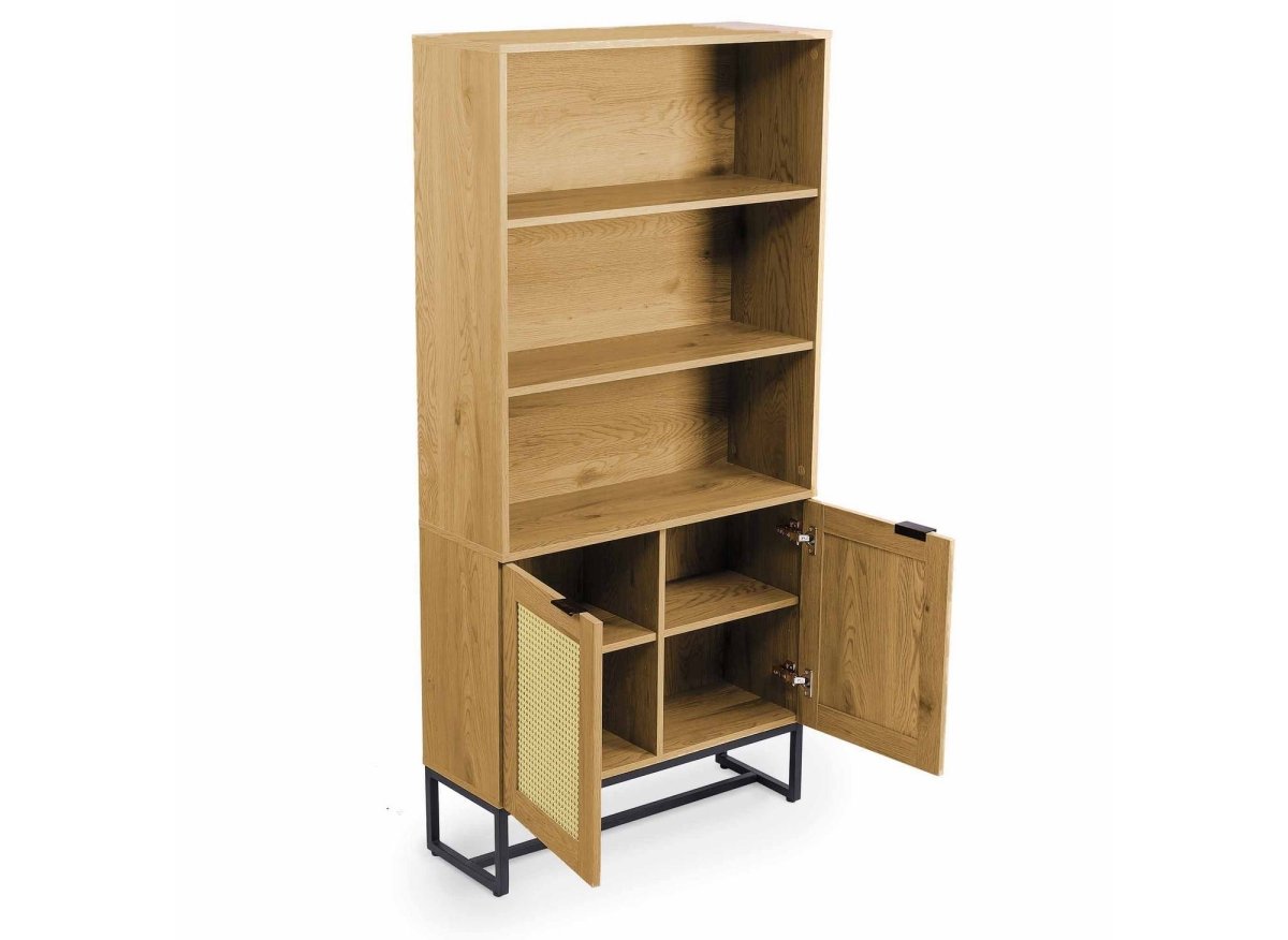 Bibliothèque scandinave 2 portes 2 étagères en bois métal et cannage TULLIO - DécoInParis