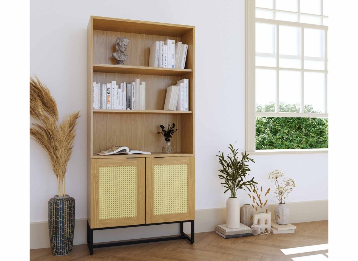 Bibliothèque scandinave 2 portes 2 étagères en bois métal et cannage TULLIO - DécoInParis