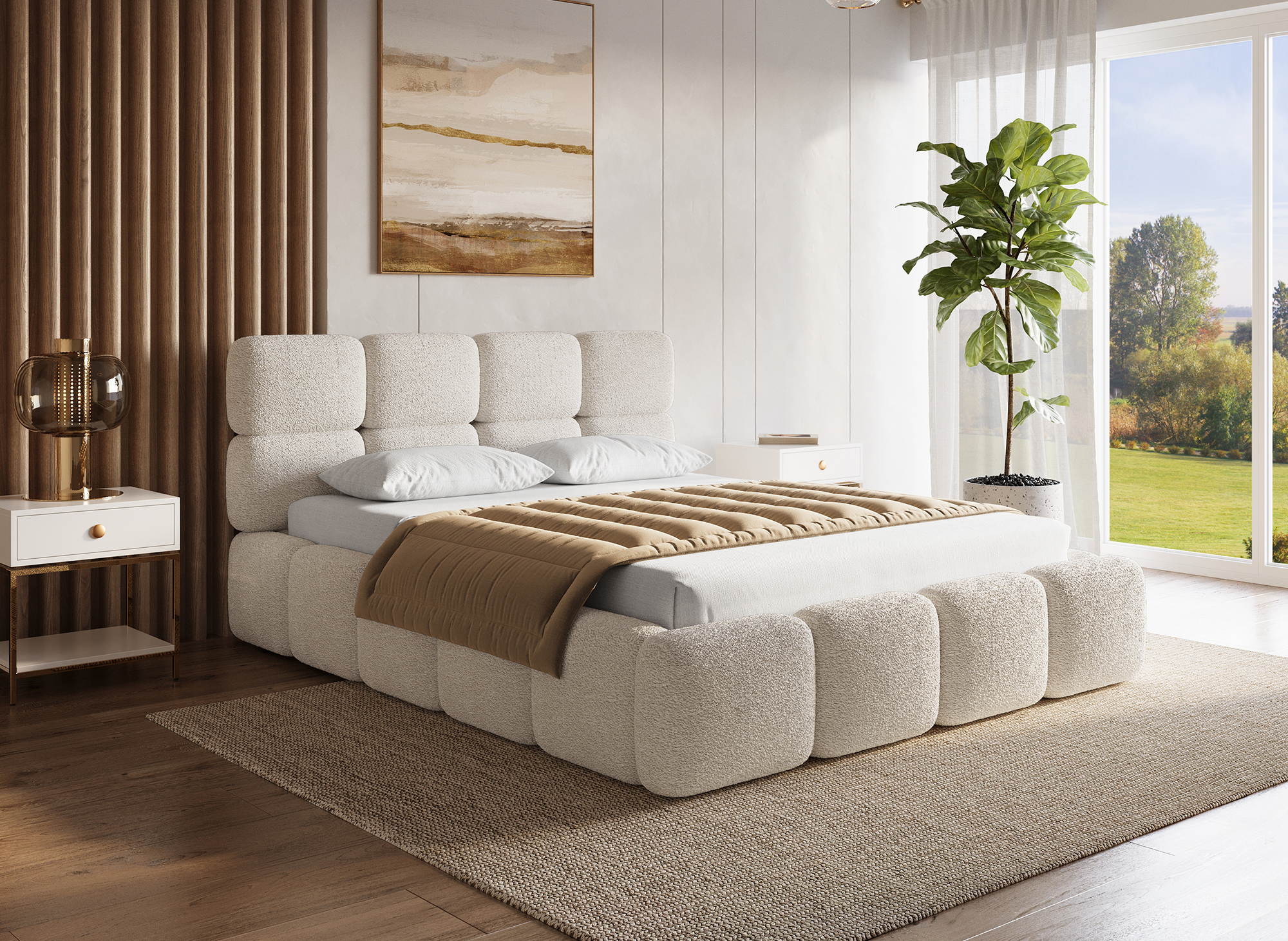 Lit coffre en tissu bouclette beige 140x190 cm BUBBLE