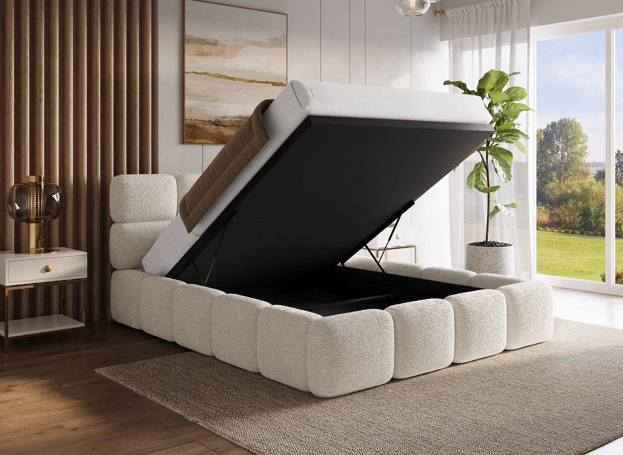 Lit coffre en tissu bouclette beige 140x190 cm BUBBLE