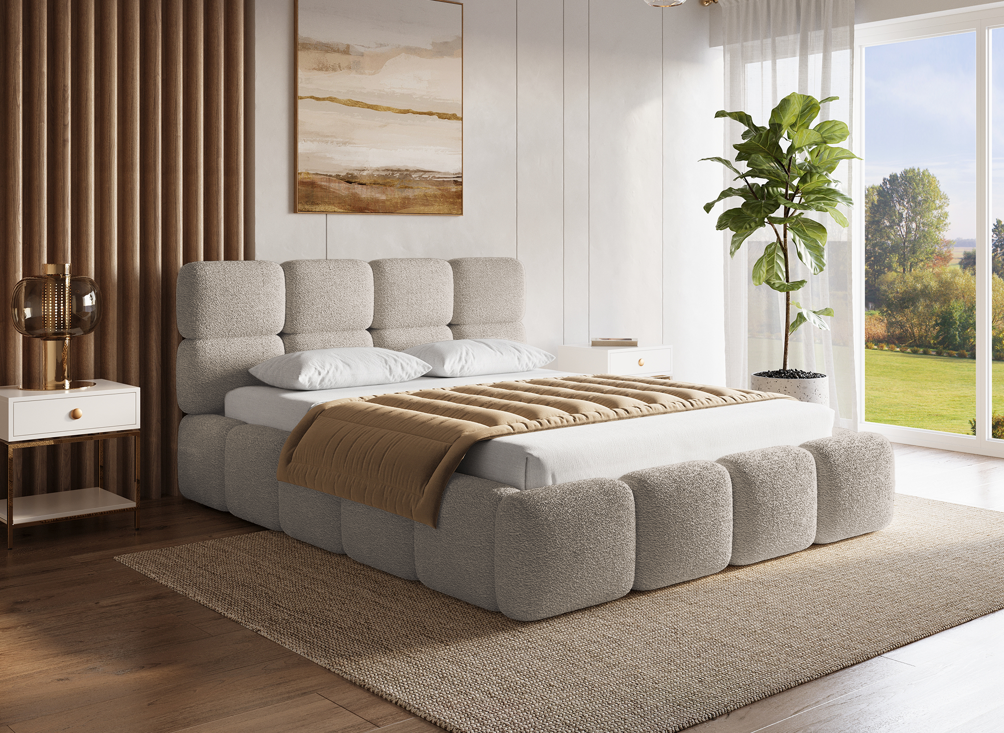 Lit coffre en tissu bouclette taupe 140x190 cm BUBBLE