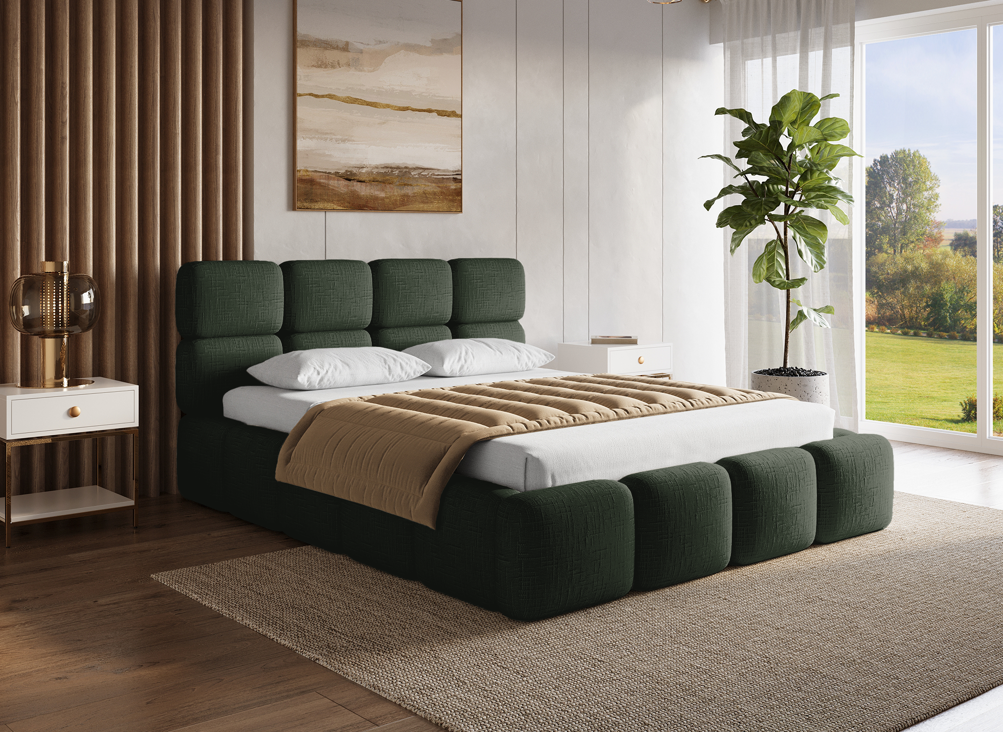 Lit coffre en velours chiné vert olive 140x190 cm BUBBLE