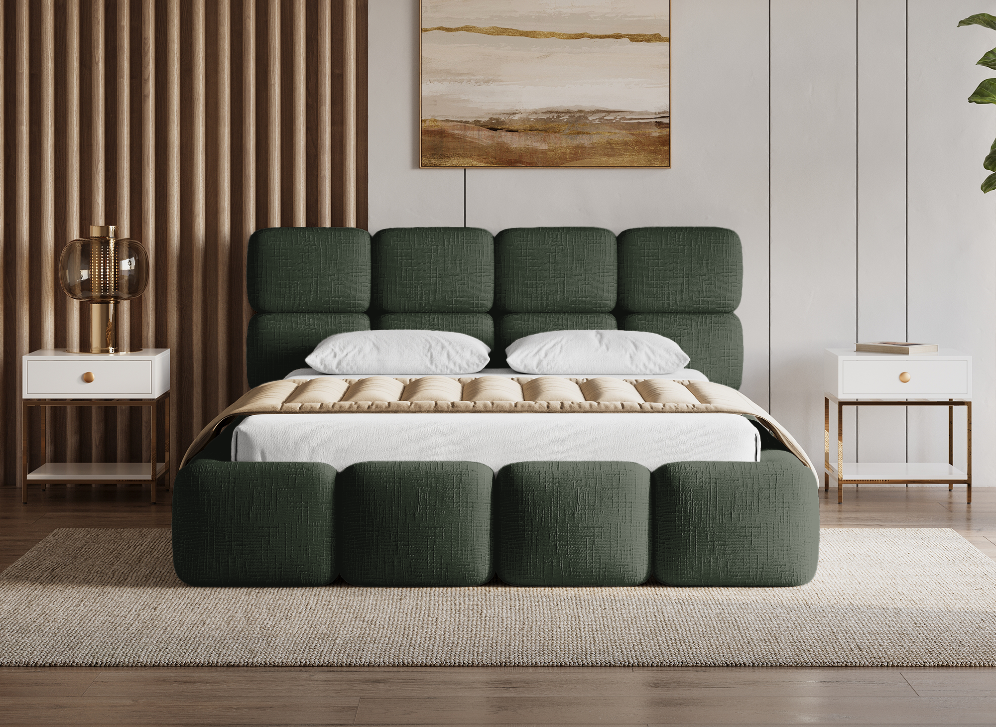 Lit coffre en velours chiné vert olive 140x190 cm BUBBLE