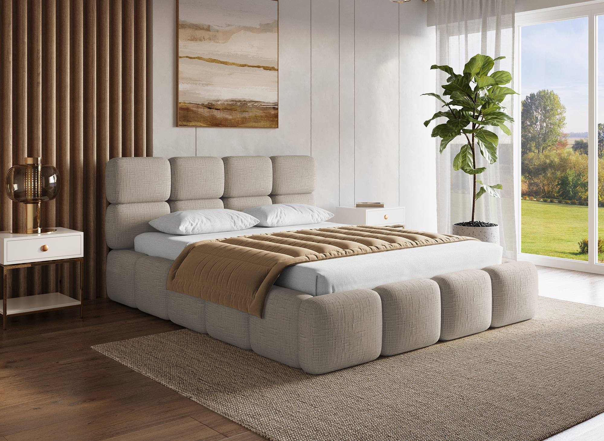 Lit coffre en velours chiné taupe 140x190 cm BUBBLE
