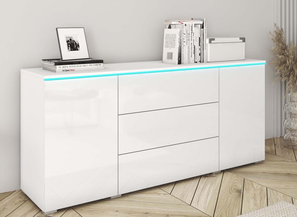 Buffet commode 2 portes 3 tiroirs blanc avec LED - ALEXIA - DécoInParis