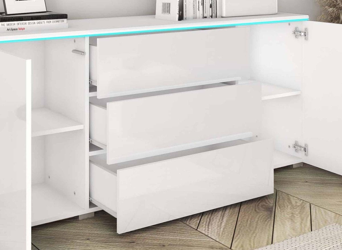 Buffet commode 2 portes 3 tiroirs blanc avec LED - ALEXIA - DécoInParis