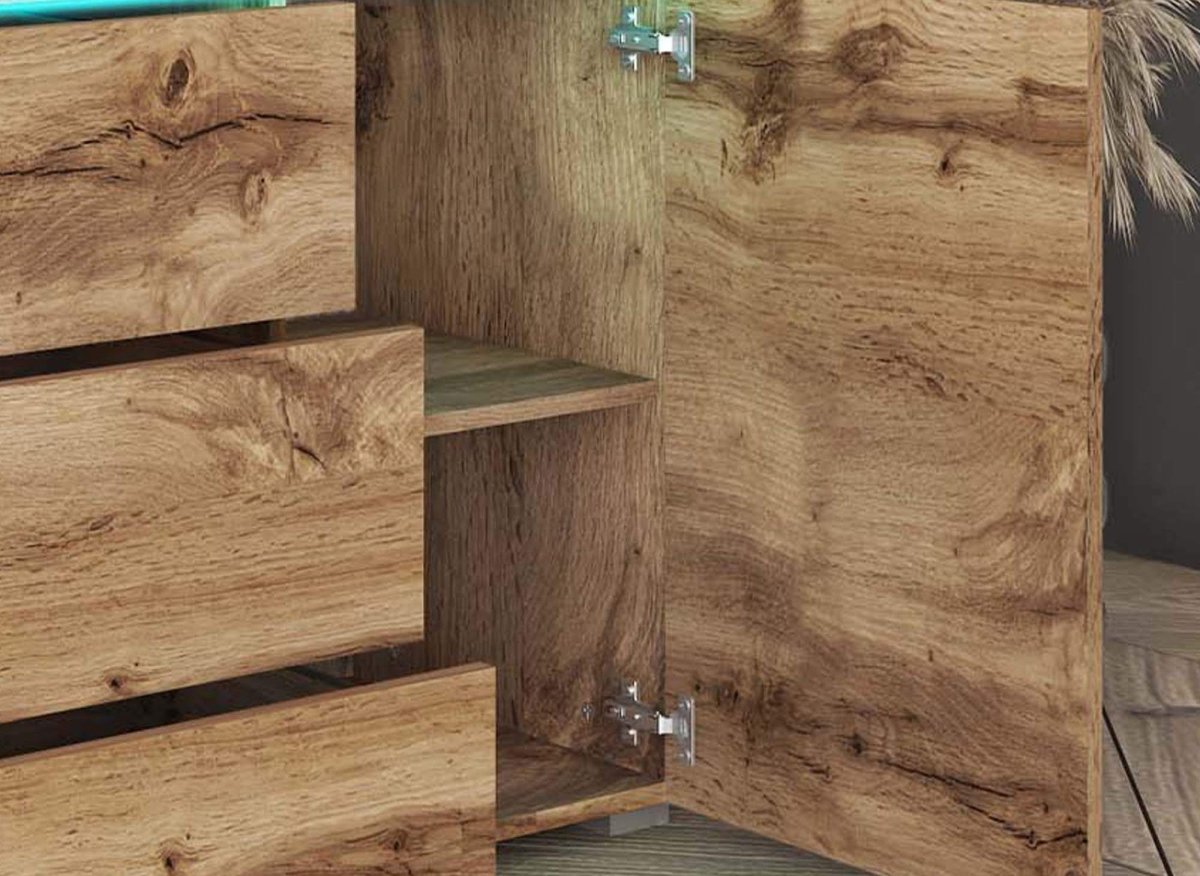 Buffet commode 2 portes 3 tiroirs chêne avec LED - ALEXIA - DécoInParis