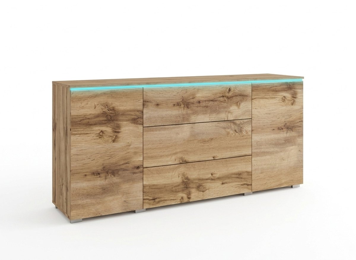 Buffet commode 2 portes 3 tiroirs chêne avec LED - ALEXIA - DécoInParis