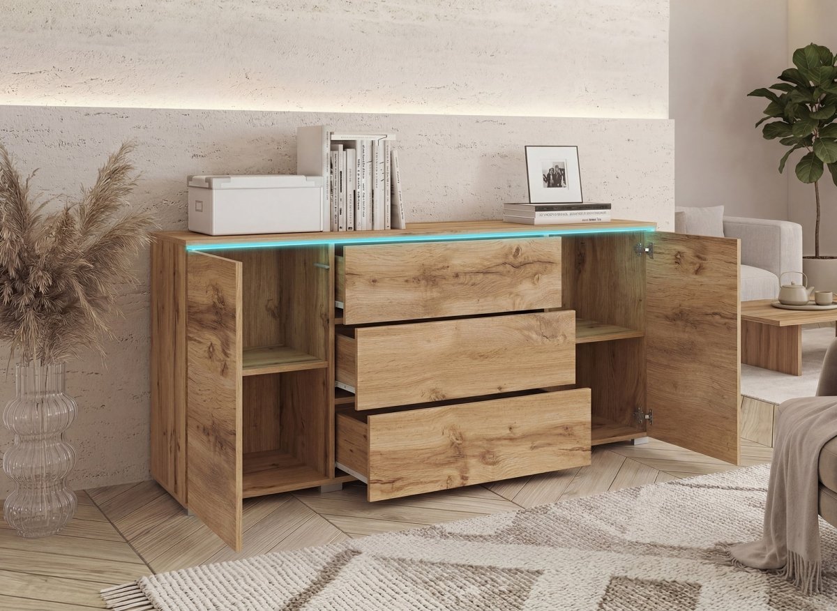Buffet commode 2 portes 3 tiroirs chêne avec LED - ALEXIA - DécoInParis