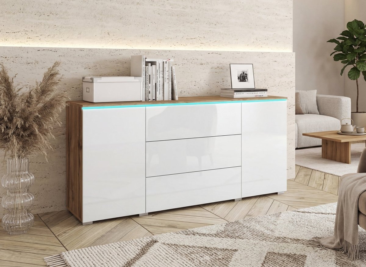 Buffet commode 2 portes 3 tiroirs chêne et blanc avec LED - ALEXIA - DécoInParis