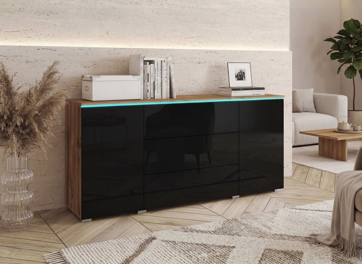 Buffet commode 2 portes 3 tiroirs chêne et noir avec LED - ALEXIA - DécoInParis