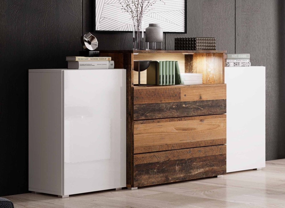 Buffet commodes 2 portes 3 tiroirs blanc et chêne vieilli avec LED - MARCEL - DécoInParis