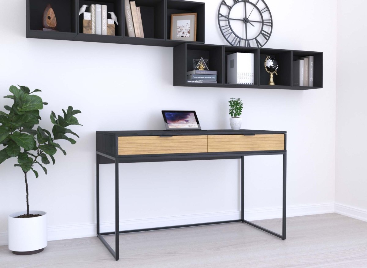 Bureau 2 tiroirs en bois clair et métal noir TISSIA - DécoInParis