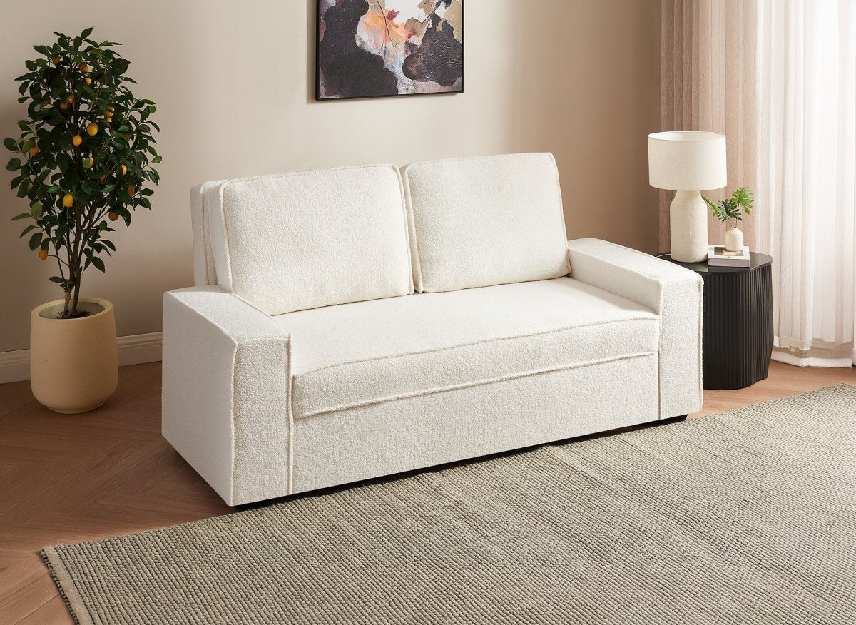 Canapé 3 places convertible en tissu bouclette écru JAMES - DécoInParis