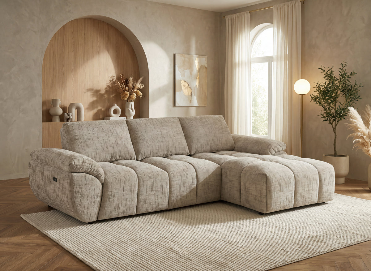 Canapé d’angle relax électrique en velours chiné taupe ALPES - Angle droit