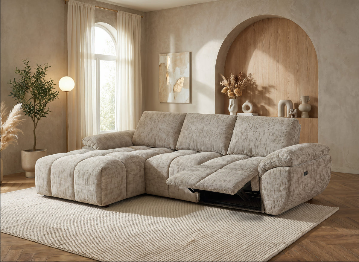 Canapé d’angle relax électrique en velours chiné taupe ALPES - Angle gauche