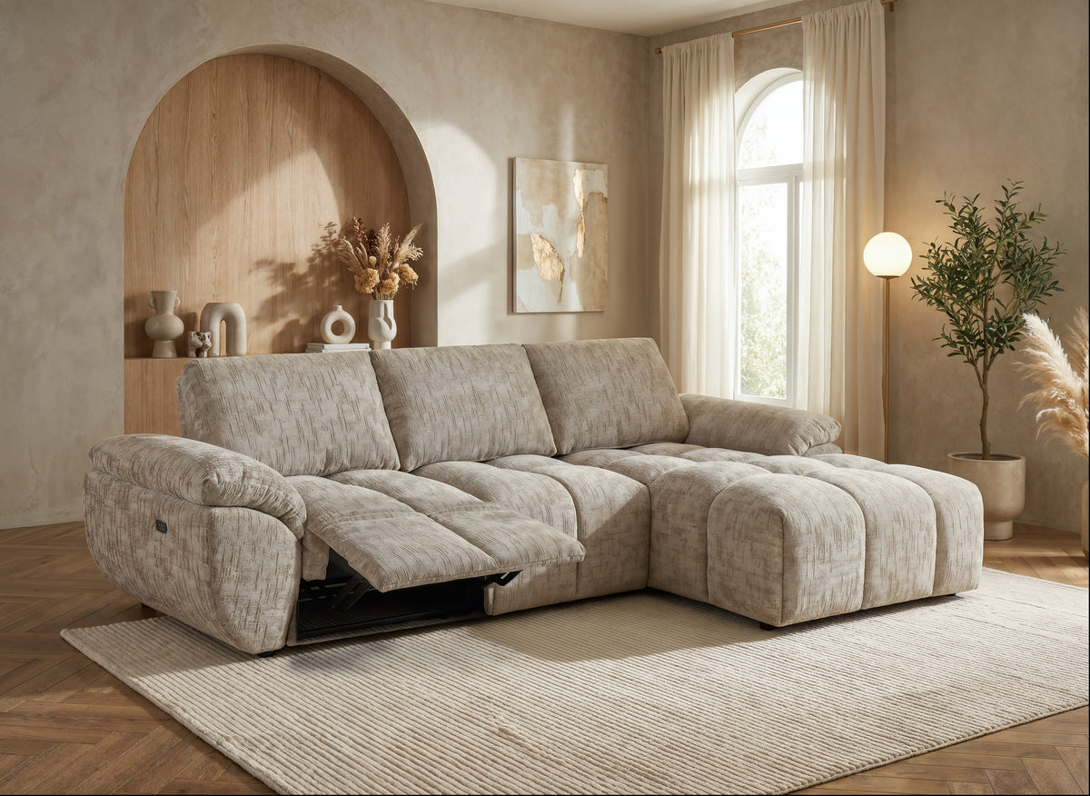 Canapé d’angle relax électrique en velours chiné taupe ALPES - Angle droit